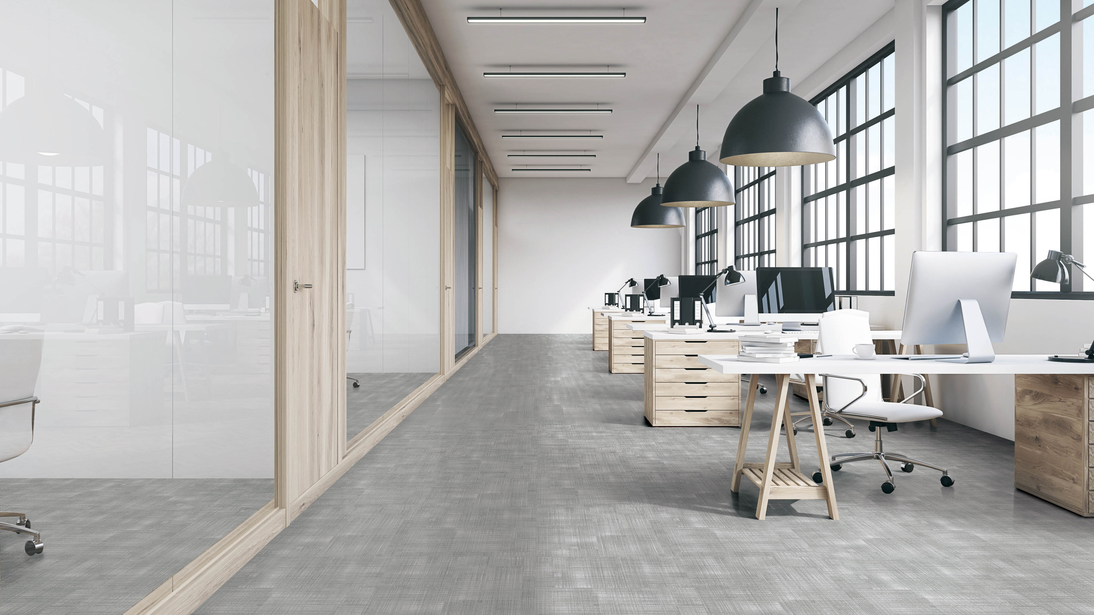 Front view of an office interior with a row of dark wood tables standing under large windows  Massive ceiling lamps  Computers  3d rendering 